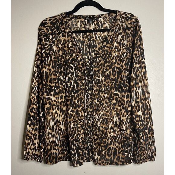 INC Large Blouse Sheer Animal Print Cheetah Leopard Lace-Up Elastic Cuff Metal - Picture 1 of 9